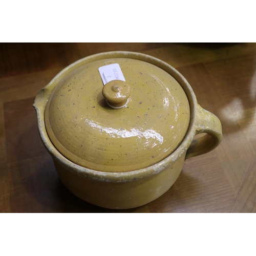 1127 - Antique French mustard glazed pottery single handled lidded pot, approx 17cm H x 21cm Dia (excluding... 