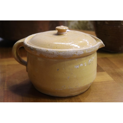 1127 - Antique French mustard glazed pottery single handled lidded pot, approx 17cm H x 21cm Dia (excluding... 