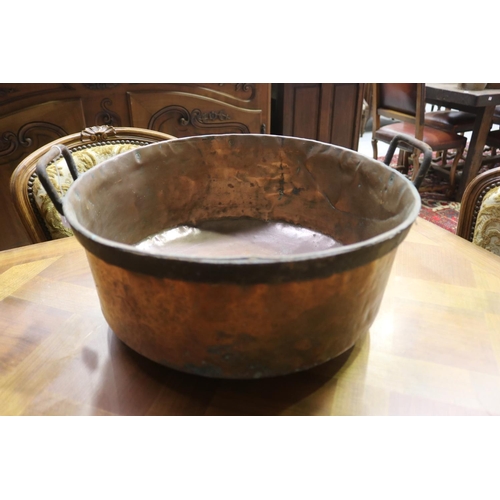 1129 - Large French copper and wrought iron banded rim twin handled pan, approx 19cm H x 43cm Dia (excludin... 