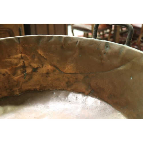 1129 - Large French copper and wrought iron banded rim twin handled pan, approx 19cm H x 43cm Dia (excludin... 