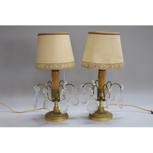 1185 - Pair of vintage French girandole table lamps, with drop lustres, untested / unknown working conditio... 