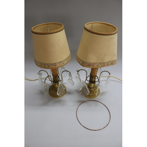 1185 - Pair of vintage French girandole table lamps, with drop lustres, untested / unknown working conditio... 