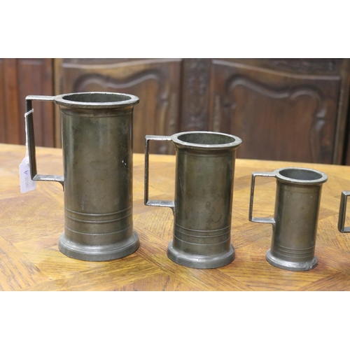 1148 - Good heavy set of seven antique French pewter graduating measures, largest 1 litre, approx 19cm H x ... 