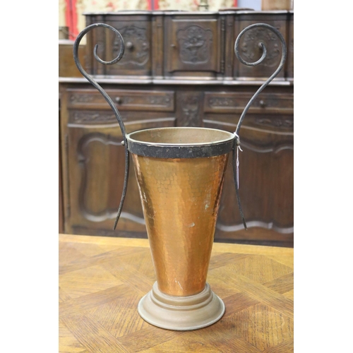 1149 - French copper and wrought iron twin handled vase, impressed to base Gaor Marquee Deposse Villdieu, a... 