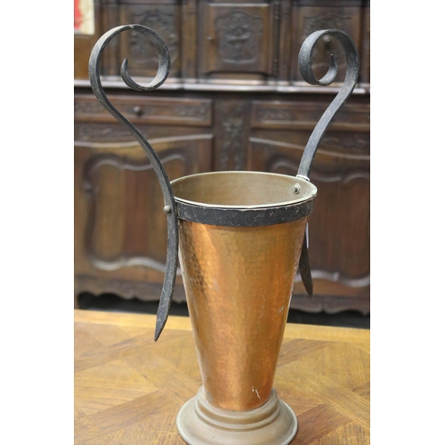 1149 - French copper and wrought iron twin handled vase, impressed to base Gaor Marquee Deposse Villdieu, a... 