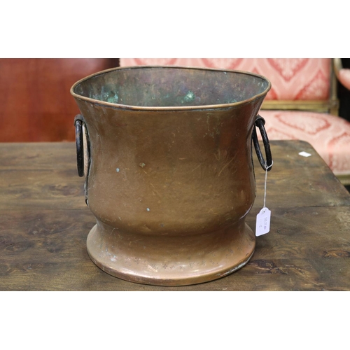 1187 - French copper twin handled bucket, iron drop ring handles, approx 26cm H x 29cm Dia