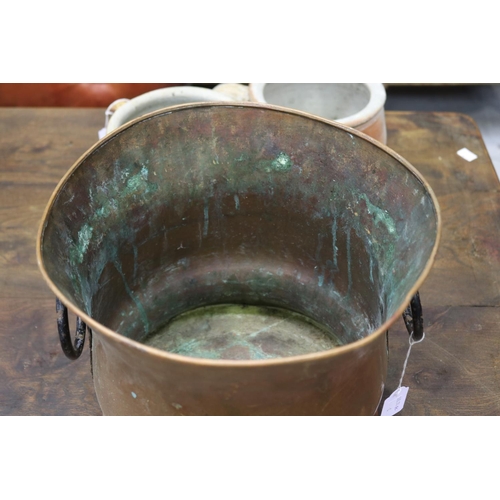 1187 - French copper twin handled bucket, iron drop ring handles, approx 26cm H x 29cm Dia