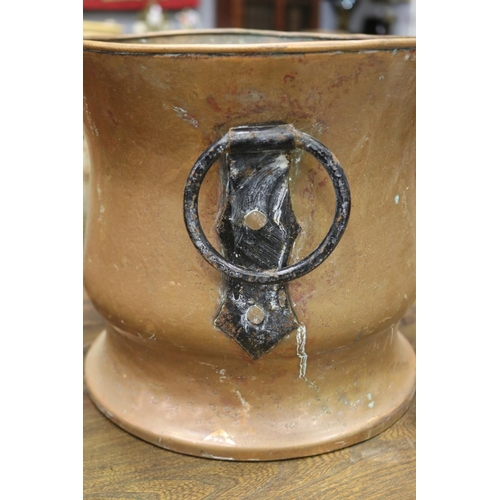 1187 - French copper twin handled bucket, iron drop ring handles, approx 26cm H x 29cm Dia