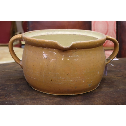 1191 - Large antique French mustard glazed twin handled pot, with pouring spout, approx 18cm H x 30cm Dia (... 