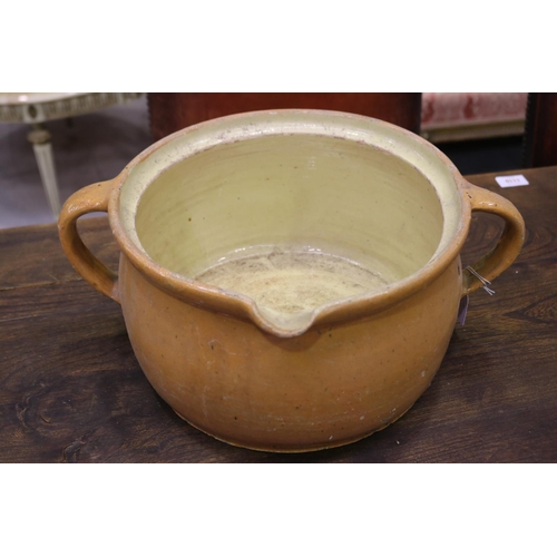 1191 - Large antique French mustard glazed twin handled pot, with pouring spout, approx 18cm H x 30cm Dia (... 