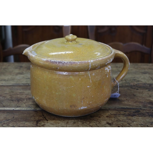 1031 - Antique French lidded mustard glazed pot, loop handle, with pouring spout, approx 24cm Dia x 16cm H ... 