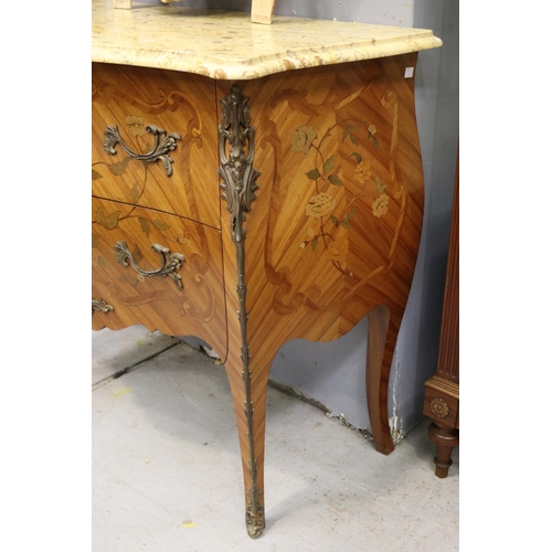 1142 - Vintage French marble topped Louis XV style commode, floral marquetry, approx 85cm H x 97cm W x 45cm... 