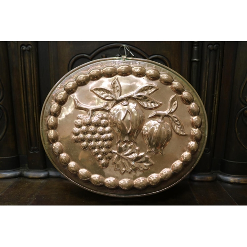 1167 - French copper mould in relief with grapes and flowers, approx 7cm H x 34cm L x 28.5cm W