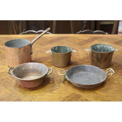 1176 - Five small scale antique French copper pans & pots, single-handed pot, approx 11cm H x 12cm Dia and ... 