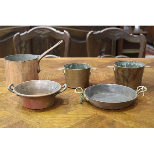 1176 - Five small scale antique French copper pans & pots, single-handed pot, approx 11cm H x 12cm Dia and ... 