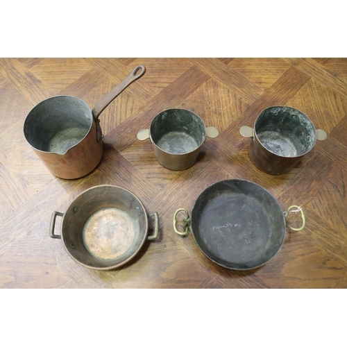 1176 - Five small scale antique French copper pans & pots, single-handed pot, approx 11cm H x 12cm Dia and ... 