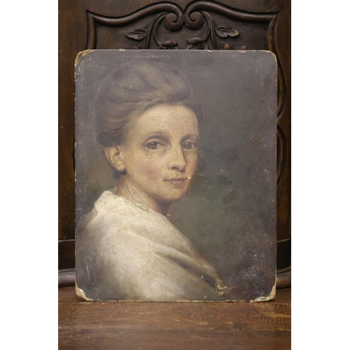 1181 - Antique French school, female portrait, oil on board, approx 25.5cm H x 20.5cm W