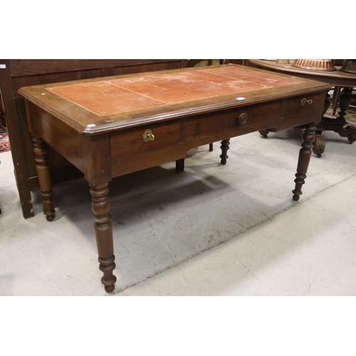 1183 - Antique French black walnut three drawer desk, tooled leather writing surface, turned legs, approx 7... 