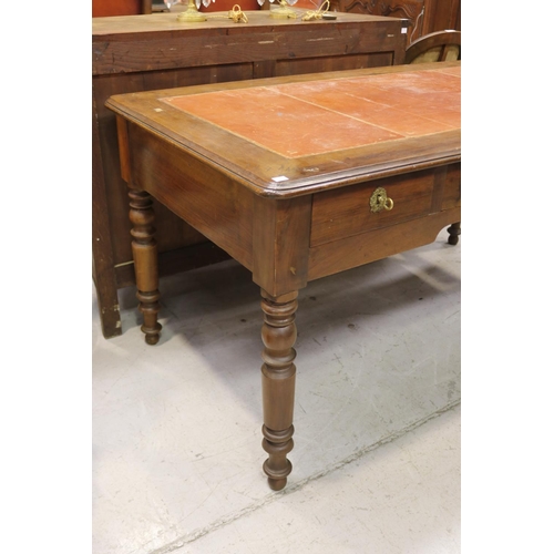 1183 - Antique French black walnut three drawer desk, tooled leather writing surface, turned legs, approx 7... 