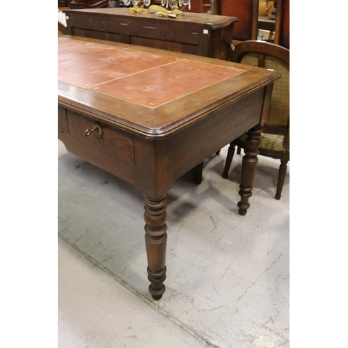 1183 - Antique French black walnut three drawer desk, tooled leather writing surface, turned legs, approx 7... 