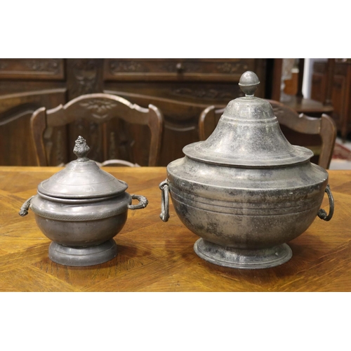 1134 - Two antique French pewter lidded tureens, one with broken handle, approx 27cm H x 25cm Dia and small... 