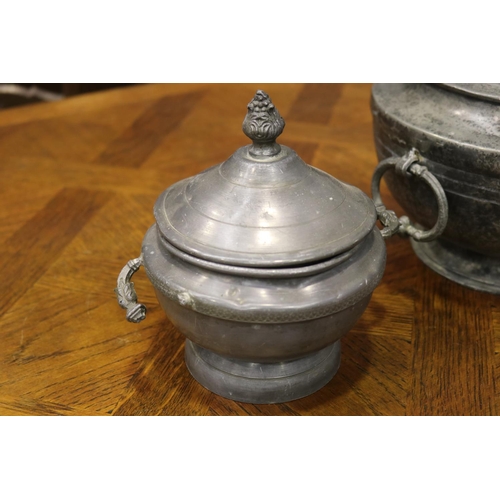 1134 - Two antique French pewter lidded tureens, one with broken handle, approx 27cm H x 25cm Dia and small... 