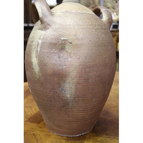 1135 - Large antique French glazed pottery twin handled water vessel, loop handles, approx 41cm H x 27cm Di... 