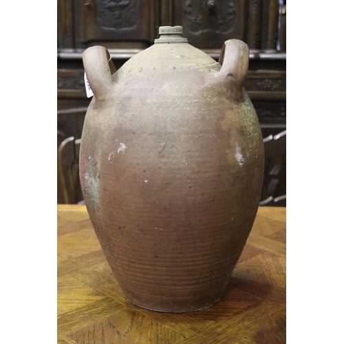 1135 - Large antique French glazed pottery twin handled water vessel, loop handles, approx 41cm H x 27cm Di... 