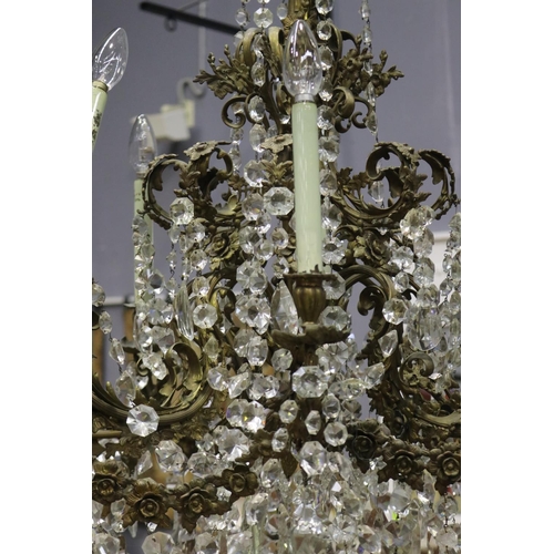 1143 - Impressive large eight light bronze chandelier, scrolling bronze leaf arms, with applied cast bronze... 