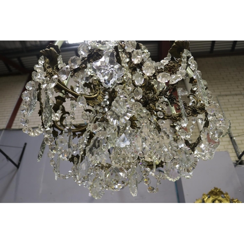 1143 - Impressive large eight light bronze chandelier, scrolling bronze leaf arms, with applied cast bronze... 