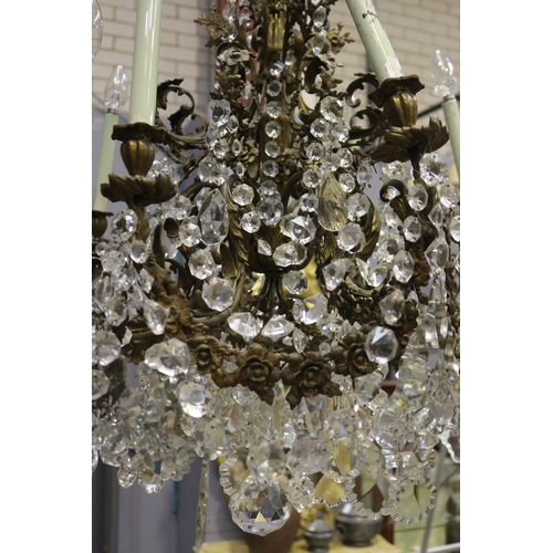 1143 - Impressive large eight light bronze chandelier, scrolling bronze leaf arms, with applied cast bronze... 