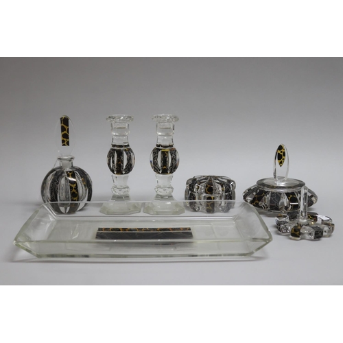 1 - Czechoslovakian Art Deco crystal and overlaid glass dressing table set comprising a pair of candlest... 