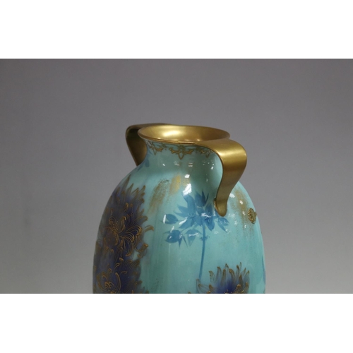 10 - Doulton Burslem Aesthetic style vase decorated with Chrysanthemums on turquoise ground, repair to ha... 