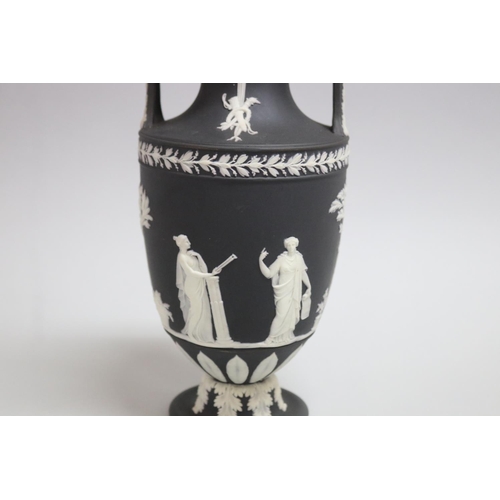 11 - Wedgwood black jasperware twin handle urn classical figures, approx 23cm H