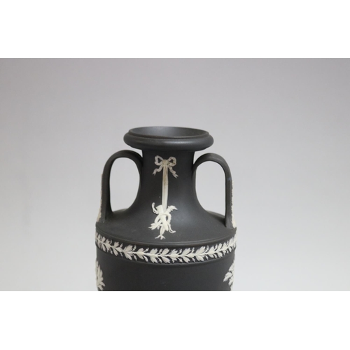 11 - Wedgwood black jasperware twin handle urn classical figures, approx 23cm H