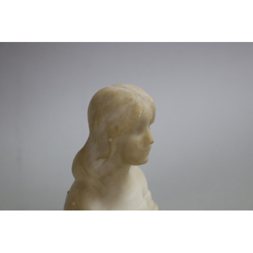 12 - Small white marble bust of a maiden with metal markers mark to base, approx 12.5cm H