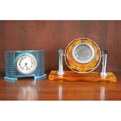 131 - Art Deco chrome and Orange Lucite desk clock and an Art Deco blue Lucite desk clock, untested / unkn... 