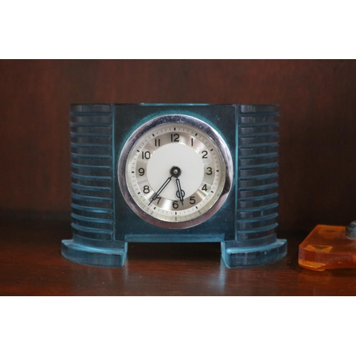 131 - Art Deco chrome and Orange Lucite desk clock and an Art Deco blue Lucite desk clock, untested / unkn... 