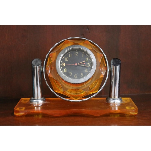 131 - Art Deco chrome and Orange Lucite desk clock and an Art Deco blue Lucite desk clock, untested / unkn... 