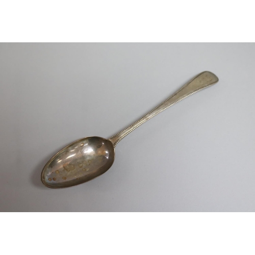 15 - Antique English George III hallmarked sterling silver dessert spoon in bead pattern, approx 55 grams... 