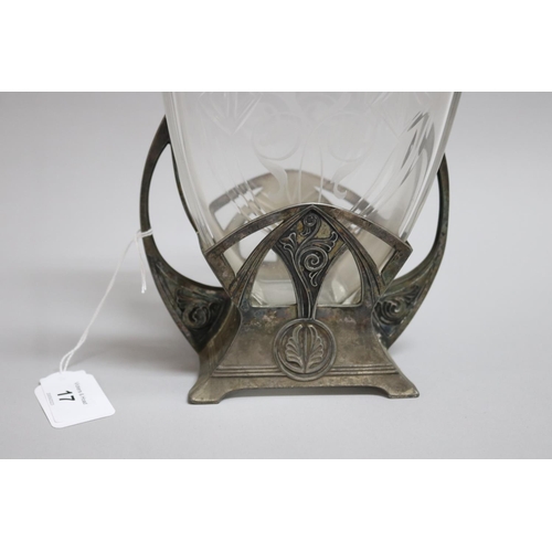 17 - Antique WMF Art Nouveau etched glass and pewter jardiniere, marked to foot, approx 17cm H