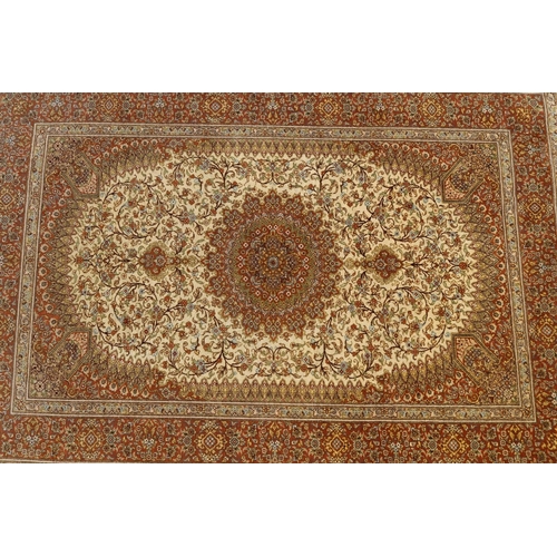 187 - Silk Qum carpet with central medallion on ivory field, inscribed to one end, approx 147cm x 99cm