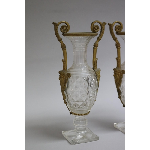 2 - Pair of antique gilt metal mounted cut crystal vases of Amphora shape, with male Grecian masks,  app... 