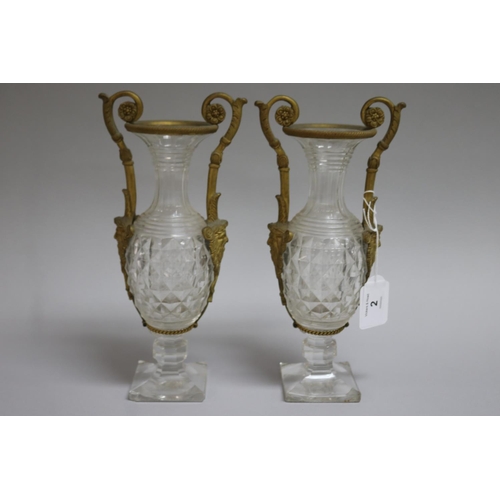 2 - Pair of antique gilt metal mounted cut crystal vases of Amphora shape, with male Grecian masks,  app... 
