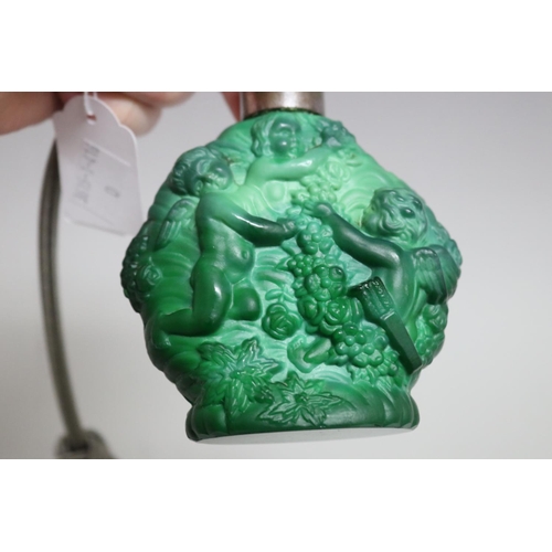 20 - Malachite glass scent bottle moulded with Putti, approx 14cm H