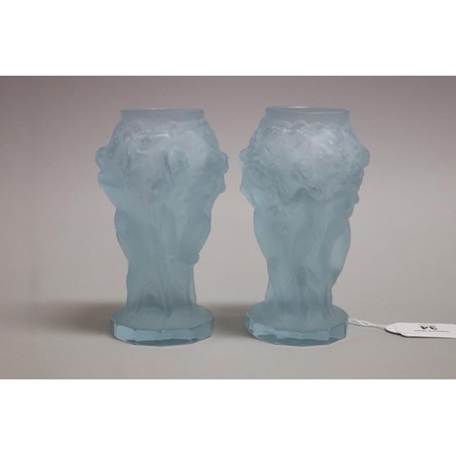 34 - Pair of Czechoslovakian amethyst glass vases molded with dancing naked women in Lalique bacchantes s... 