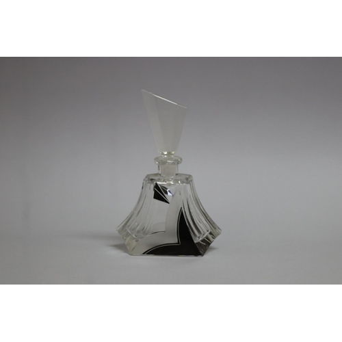 36 - Karl Palda style Art Deco frosted and black enamelled glass scent bottle with stopper, approx 16cm H
