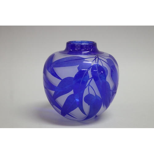 49 - Amanda Lauden, ovoid vase in dark blue overlay with gum leaves, 2007, signed, approx 13cm H