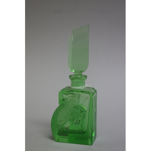 53 - Czechoslovakian Art Deco green and frosted moulded glass scent bottle, approx 15cm H
