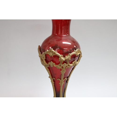 166 - Ruby glass centrepiece on ormolu fitted stand, approx 42cm H